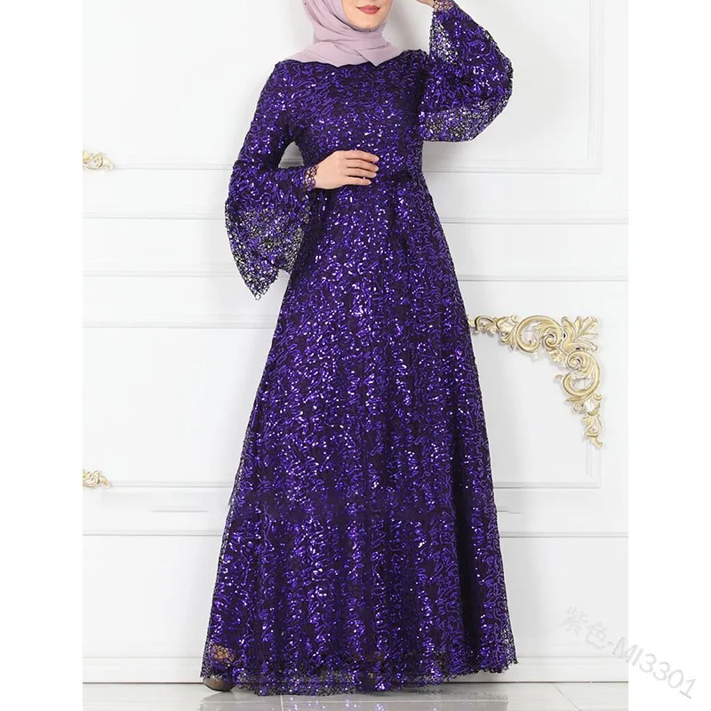purple Muslim Sequins Abaya Mesh Maxi Dress Cardigan Long Robes Jubah Kimono UAE Ramadan Arab Turkey Islamic Kaftan Worship Service - Цвет: purple