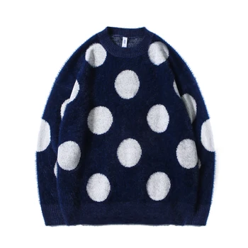 

2020 Winter Designer Korean-style Kawaii Cute Beige Knit Sweater Loose Polka Dot Color Block Sweater Oversized Women Clothes