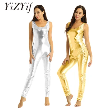 

Women Shiny Metallic bodysuit dance costume One Piece Sleeveless U-neck Tank Style Skin-Tight Catsuit Leotard Bodysuit Clubwear