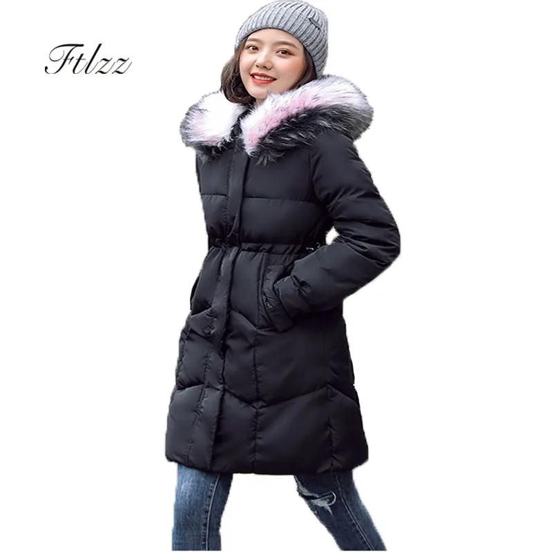 New Parkas Mujer Winter Slim Meidum Long Jacket Fashion Hats For Women Hooded Big Fur Collar Black Basic Warm Korean Coats