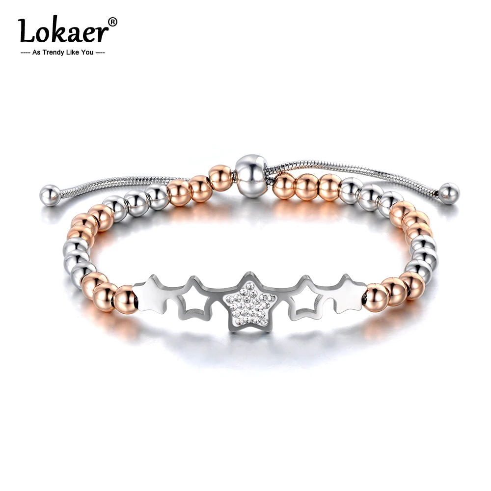 

Lokaer Trendy Stainless Steel Beads Charm Bracelets Star/Heart/Flower/Tree Design Bracelet Lace Up Adjustable Jewelry B19082