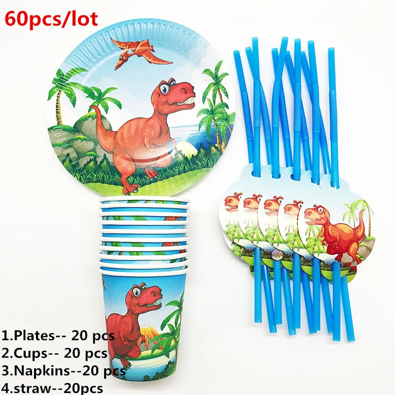 60pcs 60pc For20 People Dinosaur Theme Tableware Set Decorate Flags Napkins Cups Birthday Party Banner Baby Shower Boys Favors Plates - Color: 60pcs