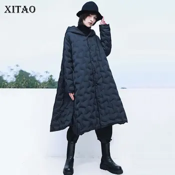 

XITAO Solid Color Irregular Parka Women Hooded Collar Long Sleeve Black Loose Big Hem 2020 Winter The New Casual Fashion ZY2565