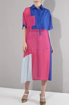 

2020 Women New Spring Summer Turn Down Collar Half Sleeve Dress Casual Hit Color Patchwork Loose Pocket Slim Dress Big Size