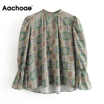 

Women Vintage Pleated Blouse Shirt 2020 Stylish Flare Long Sleeve Printed Blouses Stand Collar Casual Ladies Tunic Tops Blusas