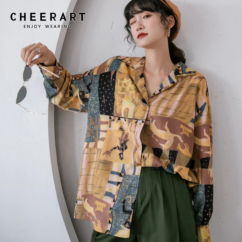 Рубашка CHEERART Женская с длинным рукавом желтая свободная винтажная блузка
