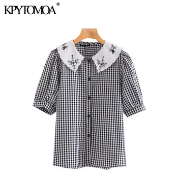 

KPYTOMOA Women 2020 Sweet Fashion Embroidered Plaid Blouses Vintage Peter Pan Collar Short Sleeve Female Shirts Blusas Chic Tops