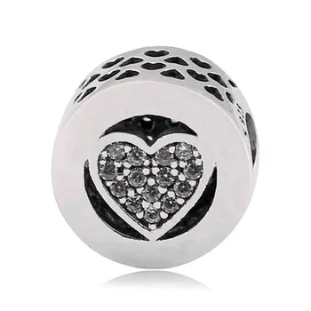 

New 925 Sterling Silver Bead Charm Openwork Sparkling Signature Heart With Crystal Charm Fit Bracelet DIY Jewelry