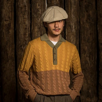

mens cardigan knitted sweater Autumn and winter British retro lapel sweater Color block polo neck sweater Casual Slim