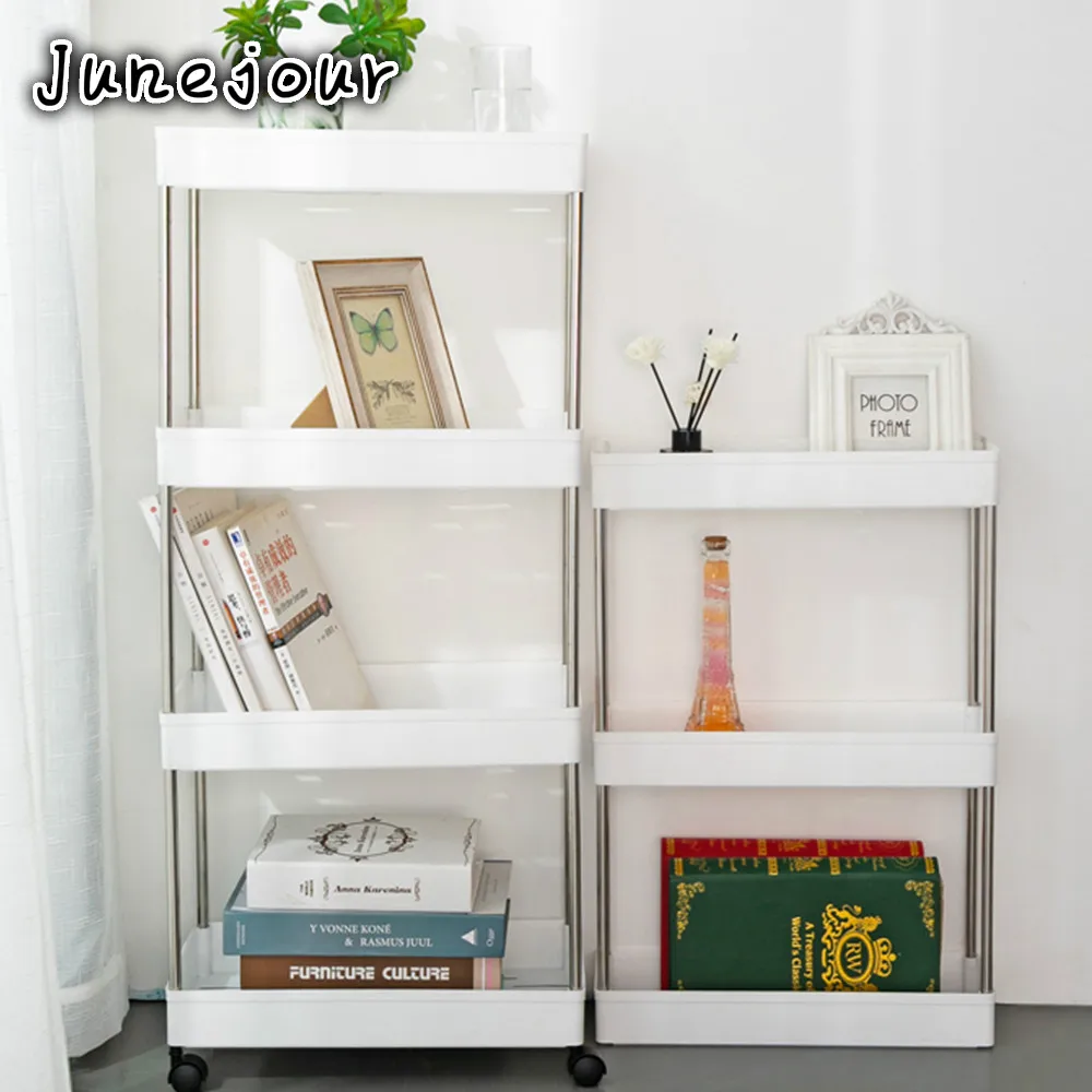

2/3/4 Layer Gap Kitchen Storage Rack Slim Slide Tower Movable Assemble Plastic Bathroom Shelf Wheels Space Saving Organizer
