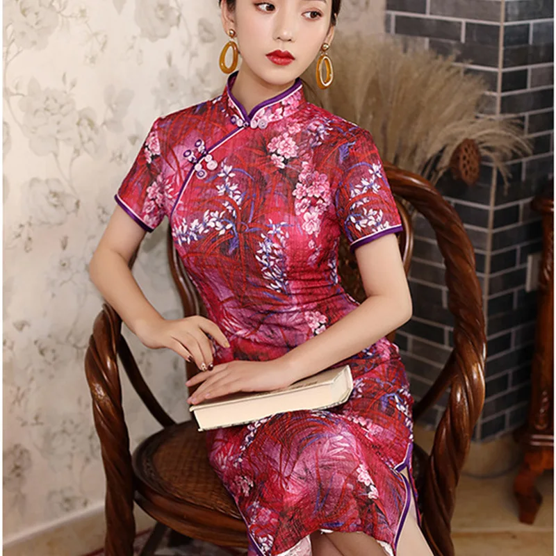 Весна-лето новые элегантные Qipao с коротким рукавом в стиле ретро шифоновые женские платья китайский стиль девушка Сплит Тонкий Cheongsam