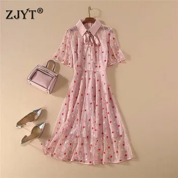 

Runway Designer Summer Dresses for Women 2020 New Fashion Clothes Lady Short Sleeve Star Embroidery Mesh Lace Dress Sexy Vestido