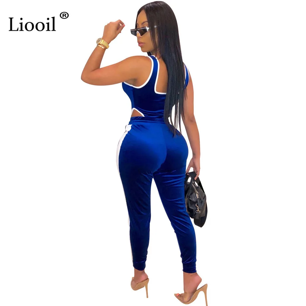 Liooil/Бархатный комплект из двух предметов, Женская праздничная одежда, синие Клубные наряды, сексуальное боди на молнии, длинные штаны, вечерние облегающие комплекты