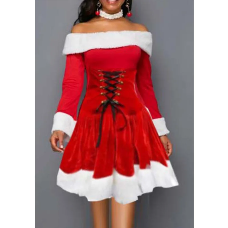 Faux Fur Panel Velvet A Line Dress 