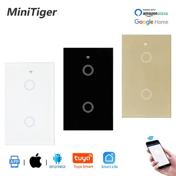 

Minitiger US Standard Luxury Glass Panel 2 Gang Wall Touch Smart Switches Tuya Smart Life APP Control Null and Fire Line