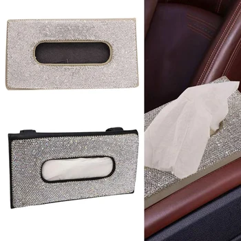 

Sun Visor Car Tissue Box with Crystal Diamond Leather Auto Napkin Tissue Hanging Bag Holder for Car Accessories