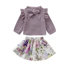 Трикотажная рубашка с оборками для новорожденных девочек, Топы+ юбка с цветочным рисунком, комплект одежды, милая теплая повседневная одежда с длинными рукавами