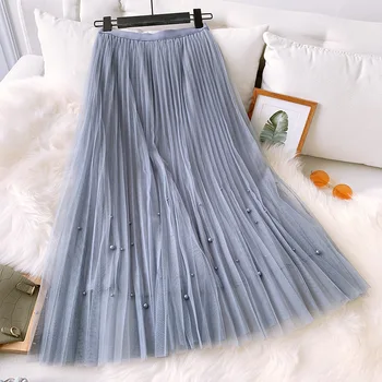 

2020 Women Net Tulle skirt WF0009 Beaded Korean Ladies Black Pink Blue Apricot Long Pleated Skirt