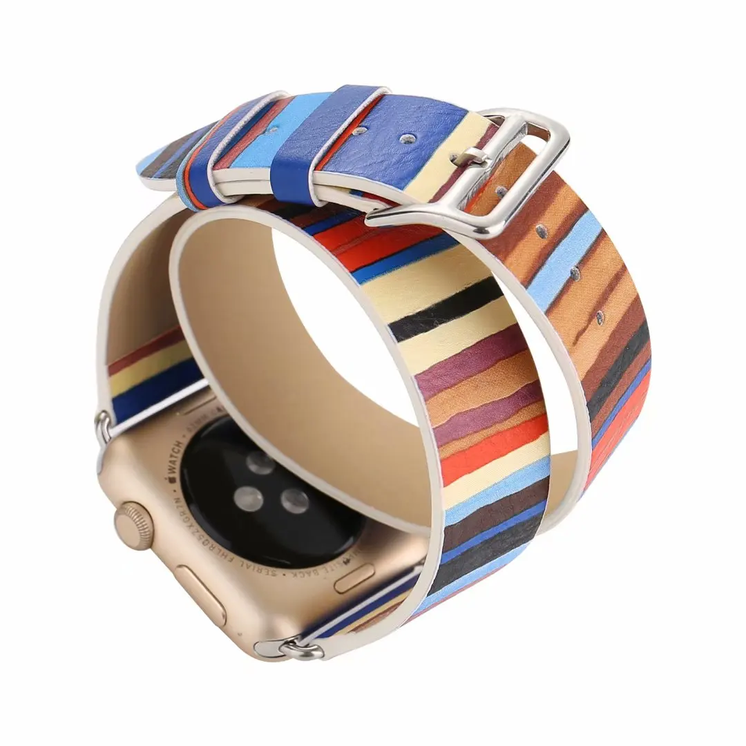 Кожаный ремешок для часов с двойными кругами для Apple Watch Series 5 4 3 2 1, браслет в разноцветную полоску для iWatch Band 44/40/42/38 мм