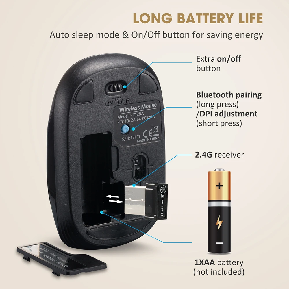 VicTsing PC128 беспроводная мышь 2400 dpi USB оптическая Bluetooth компьютерная мышь двойной режим с нано приемником для ноутбука Mac
