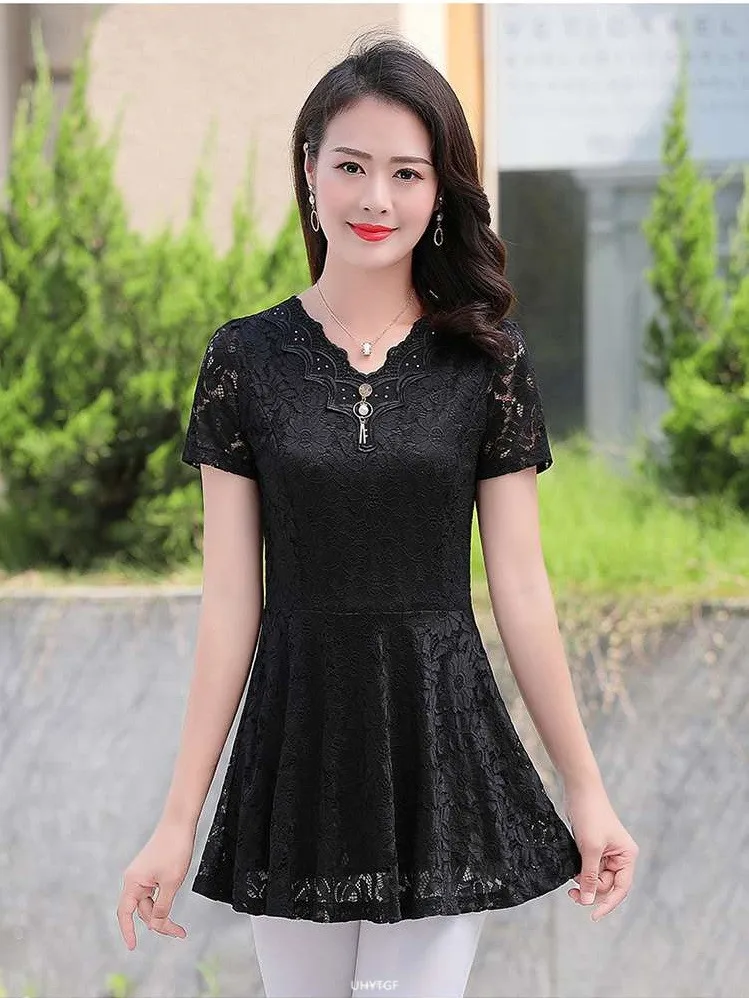 UHYTGF Womens Blouse Hollow Lace V-Neck Pullover Solid Wild Summer Shirt Elegant Female Clothing Chiffon 5XL Big Size Tops 2085