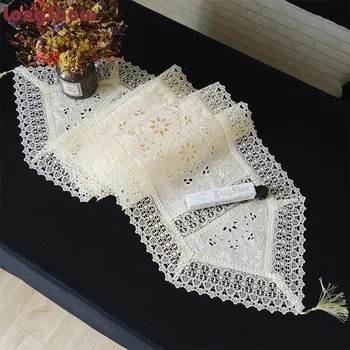 

Christmas Birthday Party Decorative White Beige Color Embroidered Table Runner Handmade Cutwork Embroidery Patchwork Table Cover
