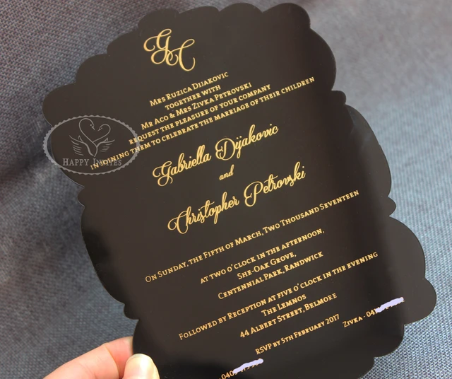 Gold Foil Printed Acrylic Wedding Invitation with Black Envelope