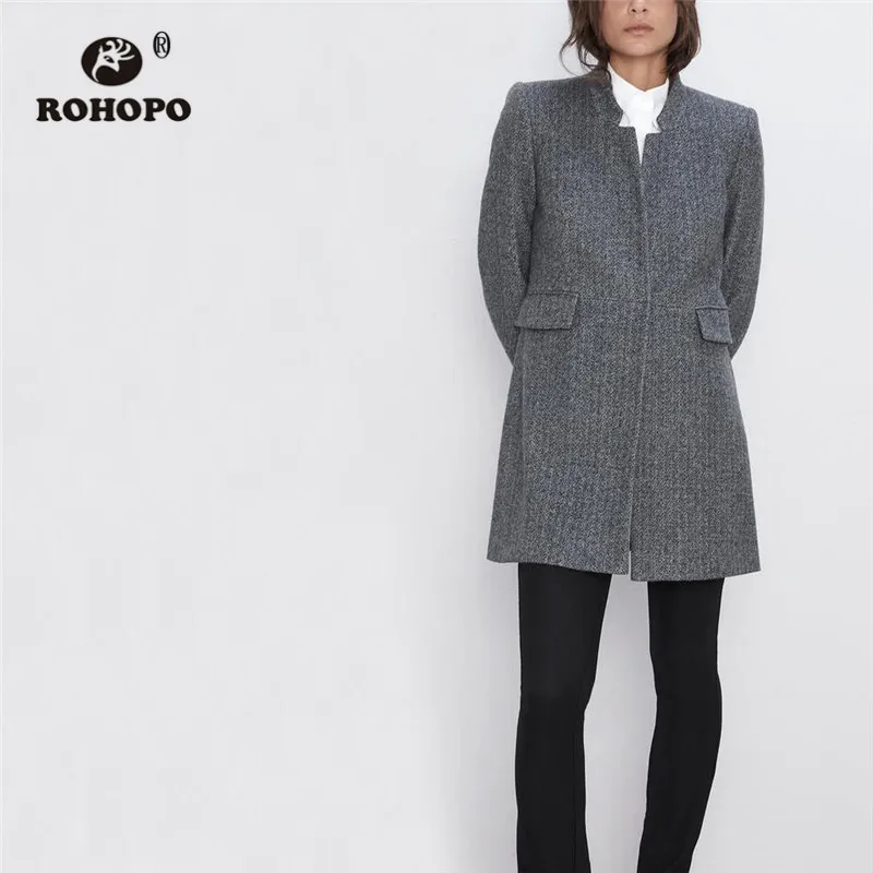 

ROHOPO V Collar Tweed Fabric Covered Buttons Grey Blend Coat Waist Flaps Welted Pockets Flared Hem Autumn Elegant Overcoat #295