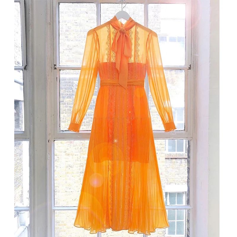 

CAMIA Lace Yellow Dress Lace Long Sleeve Chiffon Panel Neckline Bow Slim Pleated Waist Swing Dress Female 2019 Fall Fashion