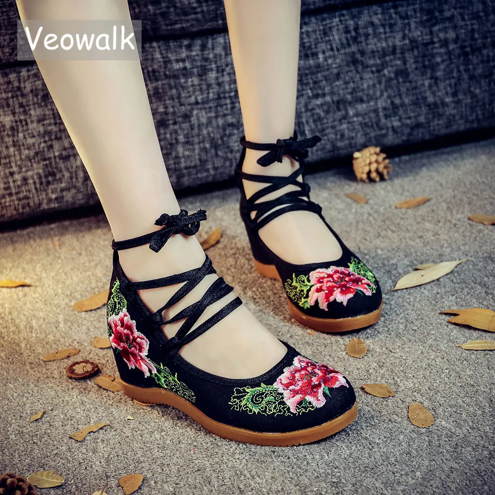 Veowalk/Винтажные туфли лодочки ручной работы Женские парусиновые на скрытой
