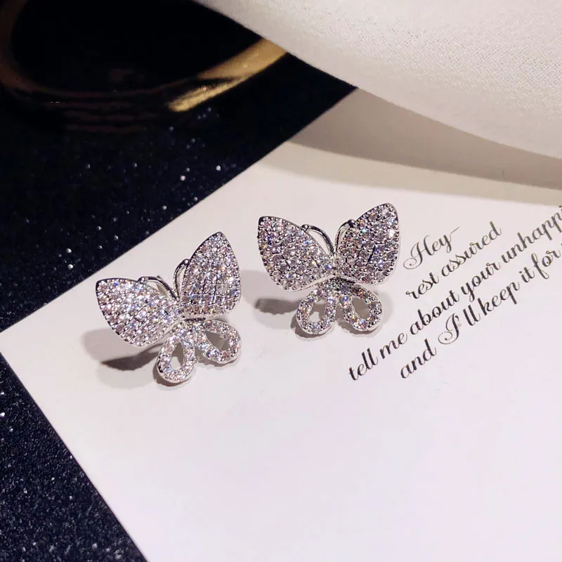 S925 Sterling Silver Needles Fine Jewelry Stud Earrings For Women Butterfly Cubic Zirconia Elegant Temperament Fine Jewelry