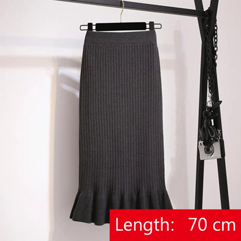 Женские юбки с эластичной резинкой на 60-70 см, осенне-зимняя теплая трикотажная прямая юбка, ребристая юбка средней длины в рубчик, черная юбка-годе - Цвет: gary-70 cm