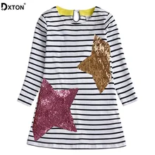 DXTON/Хлопковое платье для девочек; детские платья в полоску с длинными рукавами; сезон зима-осень; vestidos; детская одежда с блестками для девочек