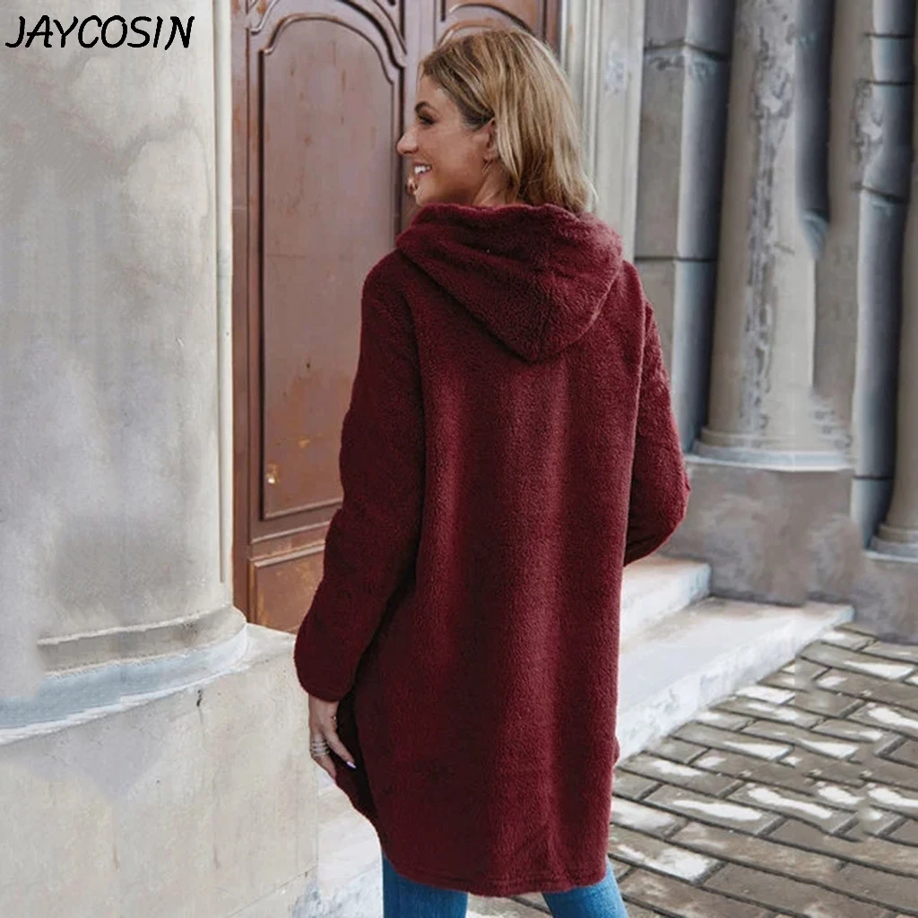 JAYCOSIN, Женское пальто, плюс размер, одноцветное, плюшевое, на пуговицах, с карманами, свободный, длинный, с капюшоном, толстовка, кардиган, пальто, зимняя, теплая, повседневная верхняя одежда