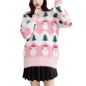 

Autumn And Winter New Imitation Velvet Printed Christmas Snowman Sweater Round Neck Loose Women's Sweater