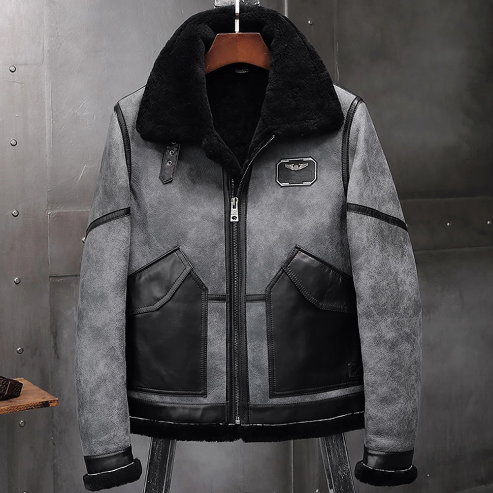 New Mens Gray B3 Shearling Jacket Sheepskin Coat Leather Jacket Fur Coat Airforce Flight Jacket