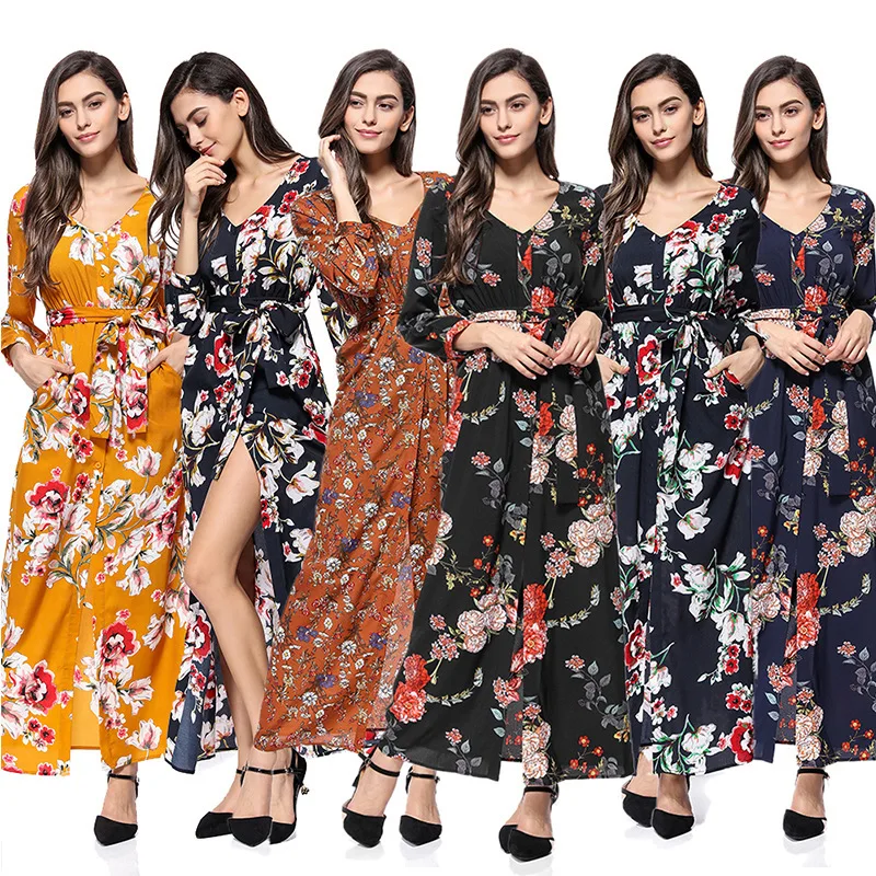 Осеннее женское платье Модное Длинное Платье макси с длинным рукавом и цветочным