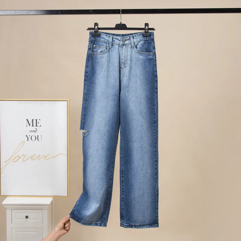 

Shnsophi 2021 Vintage High Waist Blue Ripped Jeans Woman Boyfriends Full Length Mom Jeans Wide Leg Denim Pants Vaqueros Mujer