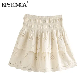 

KPYTOMOA Women 2020 Chic Fashion Cutwork Embroidery Mini Skirt Vintage High Elastic Waist Ruffled Female Skirts Faldas Mujer