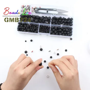 

Natural Stone Beads Box Set Kits 340pcs Round Loose 4mm-10mm Black Lava Stone diy Accessories Tools for Bracelet Jewelry Making