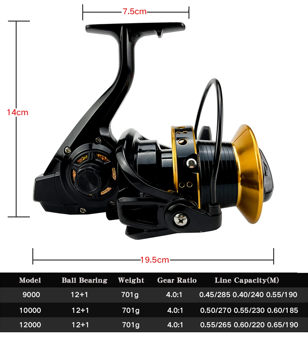 Fishing Reel 9000/10000/12000 Series Spinning Reel Left/Right 12+1BB Drag  20-30kg Max Drag Power