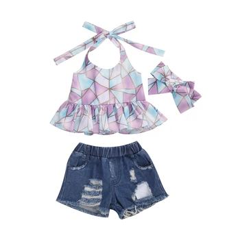 

1-6T Toddler Kids Baby Girl Summer Outfits Infant Clothes Sets Sleeveless Print Ruffle T Shirts Denim Shorts Headband Outfit Set