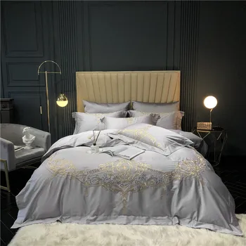 

Solid Grey Chic Embroidery Duvet Cover Set Queen King size Egyptian Cotton Soft Bedding Set Comforter Cover Bed Sheet Pillowcase