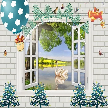 

Custom large mural 3D wallpaper Cartoon animal swan lake love brick wall child bedroom mural TV back wall decor deep 5D embossed
