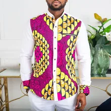 

New Fashion Men Long Sleeve Shirt Mid-length Circle Patchwork Printing Lapel Slim African Spring Autumn Cothing For Men