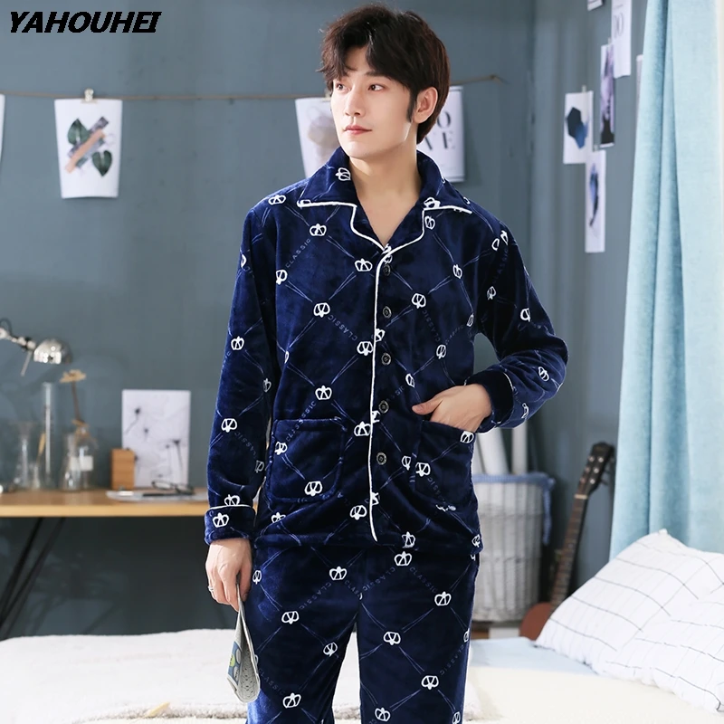 

Plus Size 5XL Thick Warm Flannel Pajamas Sets For Men 2020 Winter Long Sleeve Print Coral Velvet Pyjama Lounge Homewear Clothing