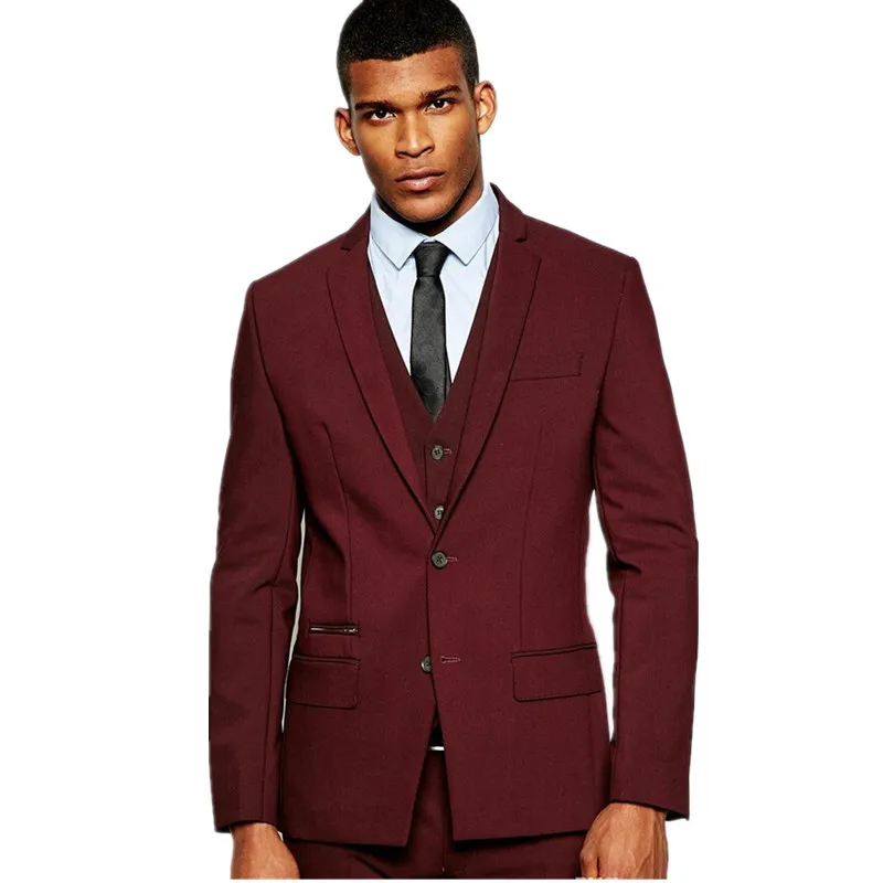 Burgundy Бордовый костюм из 3 предметов, мужские костюмы, приталенные свадебные костюмы, смокинги для жениха на свадьбу(пиджак, брюки, жилет), на заказ - Цвет: Burgundy