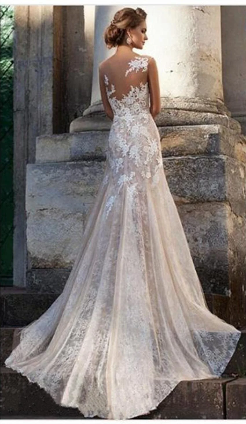 2021 Full Lace Gowns Blush Pink Mermaid Wedding Dresses Retro Illusion Neck Long Summer Beach Bridal