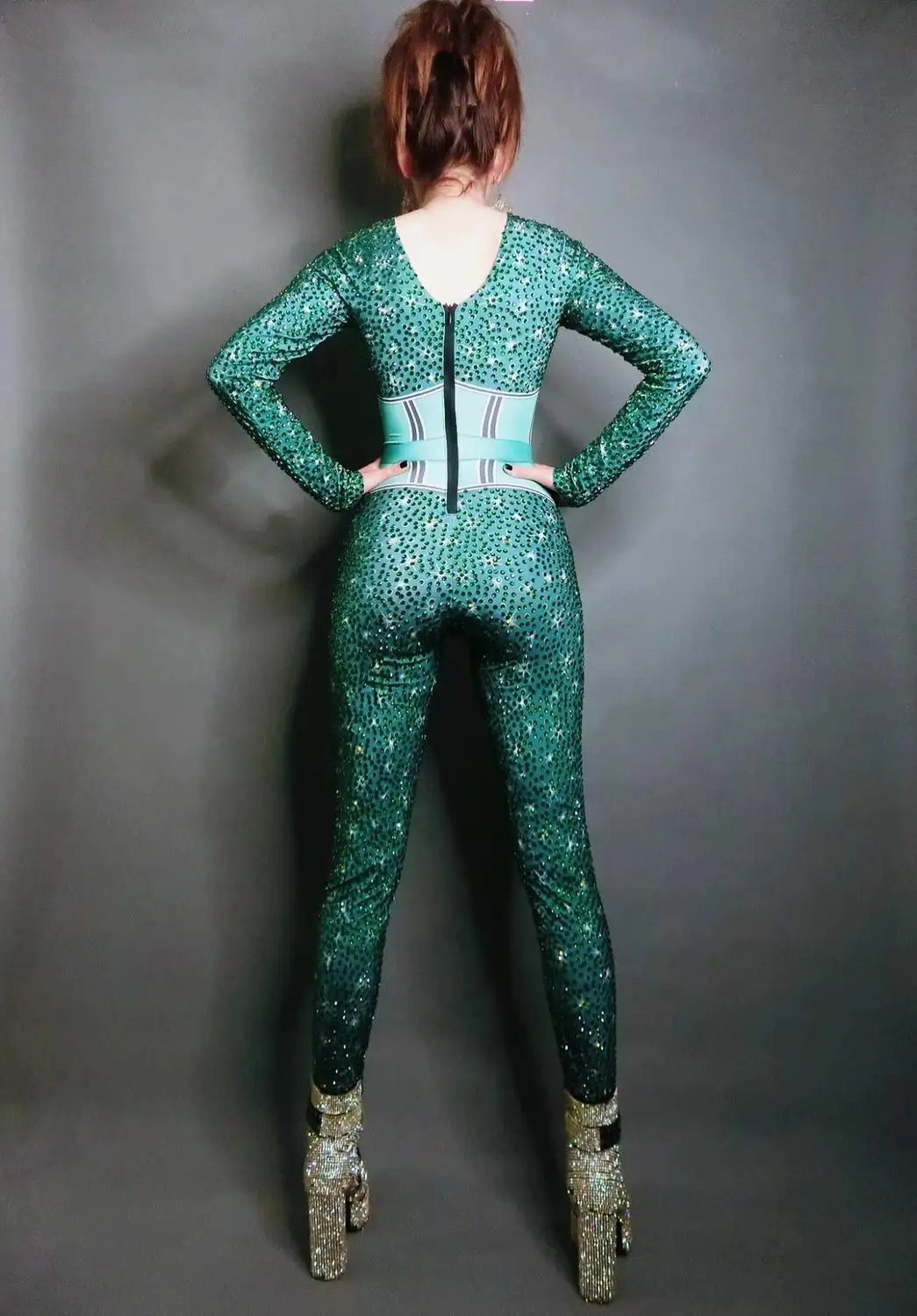 Sexy Green Rhinestones Party Jumpsuits Women Prom Jumpsuits Nightclub Elastic Tights Crystals Bodysuits Pole Dance Stage Costume