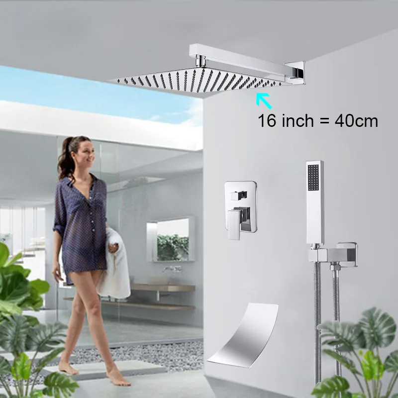 16 inch set Faucet Onyzpily хромированный смеситель для душа комплект Осадки Ванна Душ настенное крепление ConcealedMixer нажмите 3-сторонний выход душевая лейка Ванна Душ водопад носик - Цвет: 16 inch set Faucet